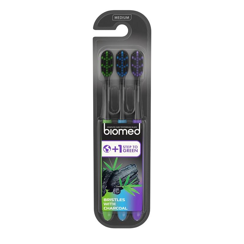 Biomed    3 Pak Tandbørster Medium Med Charcoal