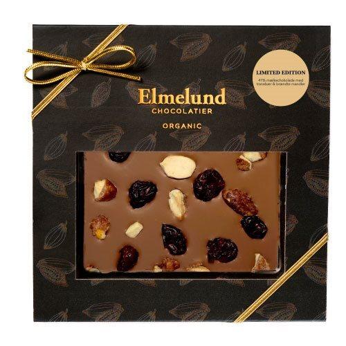 Elmelund Økologisk Mælkechokolade med Mandler & Tranebær 80g
